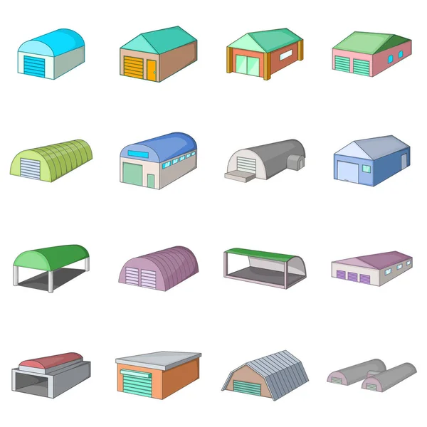 Différents hangars icônes ensemble, style dessin animé — Image vectorielle