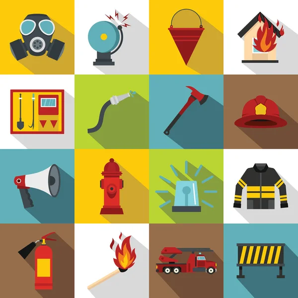 Pictogrammen van de hulpmiddelen van de brandweerman instellen, vlakke stijl — Stockvector