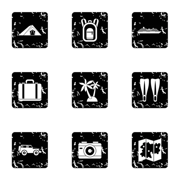 Journey to sea icons set, grunge style — Stock Vector