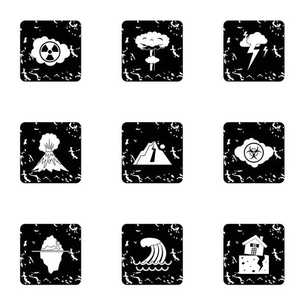 Disaster icons set, grunge style — Stock Vector