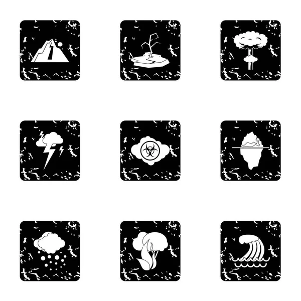 Natural emergency icons set, grunge style — Stock Vector
