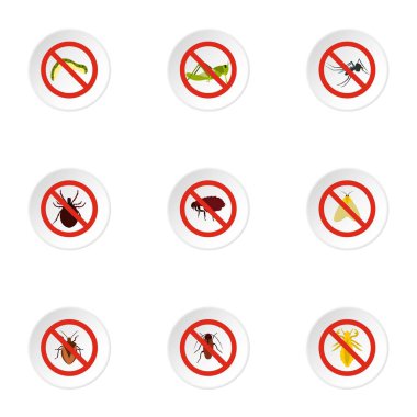 Böcekler Icons set, düz stil yasak