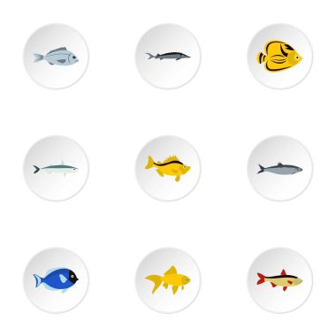 Okyanus balık Icons set, düz stil