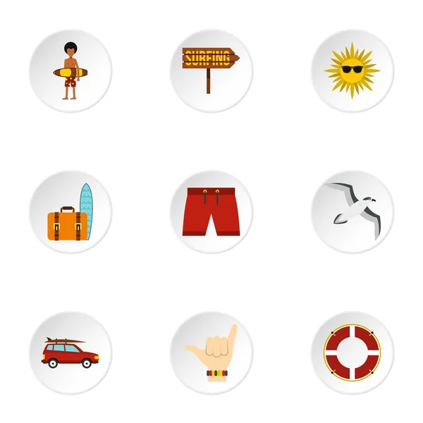 Surfing icons set, flat style — Stock Vector
