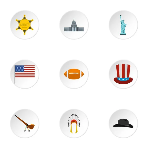 País EUA ícones conjunto, estilo plano — Vetor de Stock