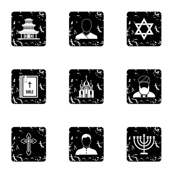 Beliefs icons set, grunge style