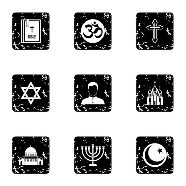 Religion icons set, grunge style