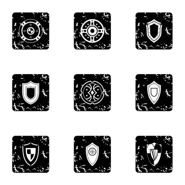 Военный щит иконы набор, гранж стиль — стоковый вектор