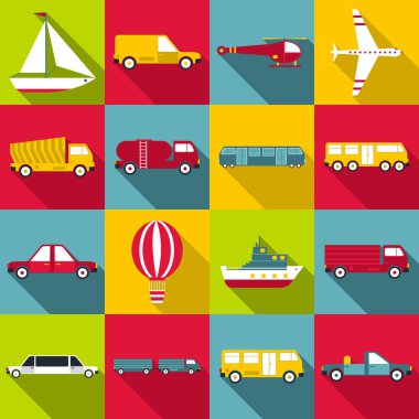 Ulaşım öğeleri simgeler ayarla, stil düz