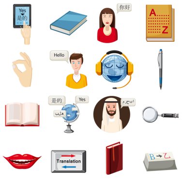 Translator profession icons set, cartoon style clipart