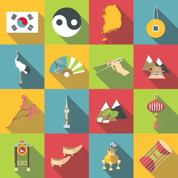 Jižní Korea cestování ikony nastavit, ploché styl — Stockový vektor