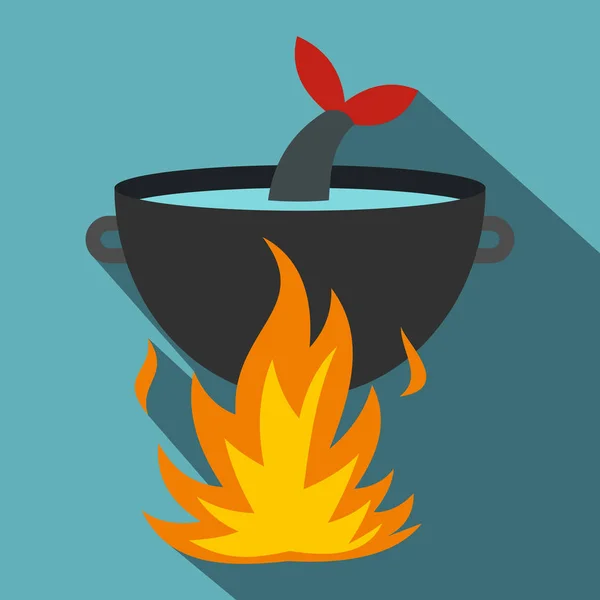 Cocinar sopa de pescado en un icono de fuego, de estilo plano — Vector de stock