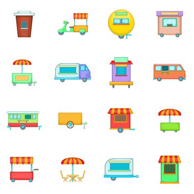 Sokak gıda kiosk araç Icons set, karikatür tarzı