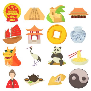 Çin seyahat spor Icons set, karikatür tarzı