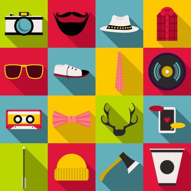 Hipster öğeleri Icons set, düz stil