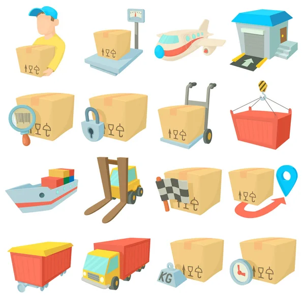 Conjunto de ícones de logística de carga, estilo cartoon — Vetor de Stock