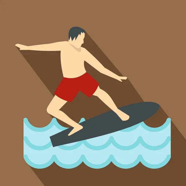 Surfer man op het pictogram van de surfplank, vlakke stijl — Stockvector