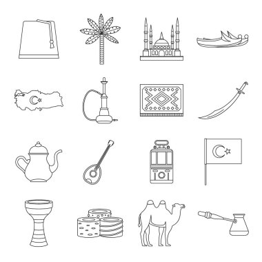 Türkiye'de seyahat Icons set, anahat stili