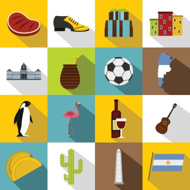 Arjantin seyahat öğeler simgeler ayarla, stil düz