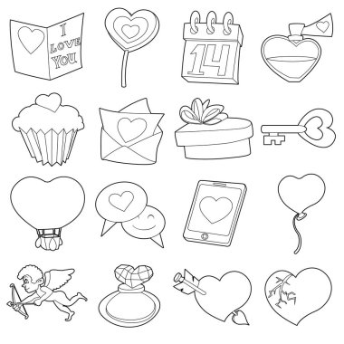 Saint Valentine Icons set, karikatür anahat tarzı