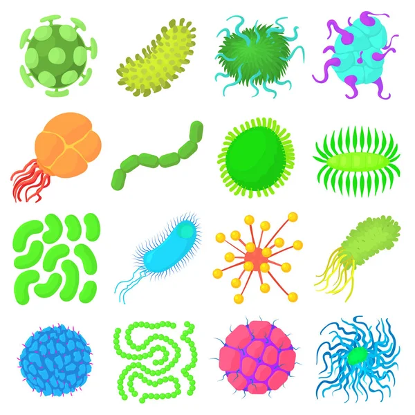 Virus bacterias forma iconos conjunto, estilo de dibujos animados — Vector de stock