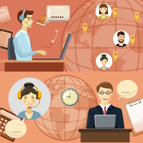Call center conceito de comunicação, estilo dos desenhos animados — Vetor de Stock