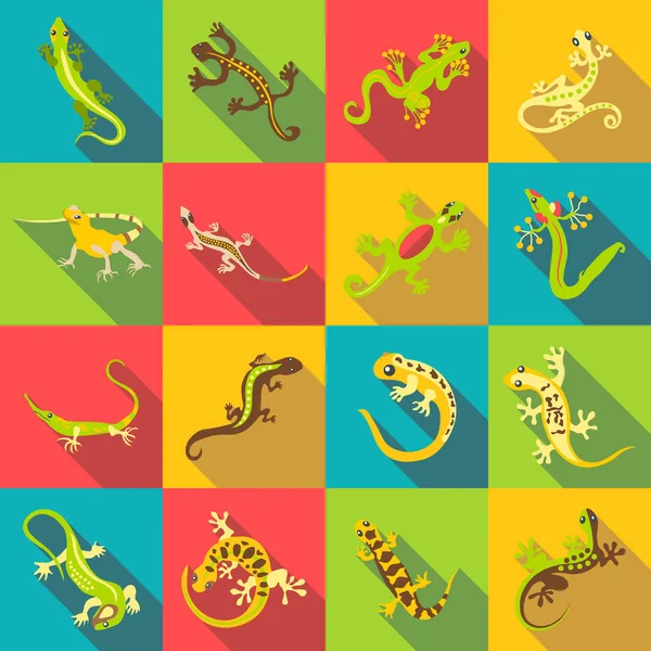 Conjunto de diferentes iconos de lagarto, estilo plano — Vector de stock