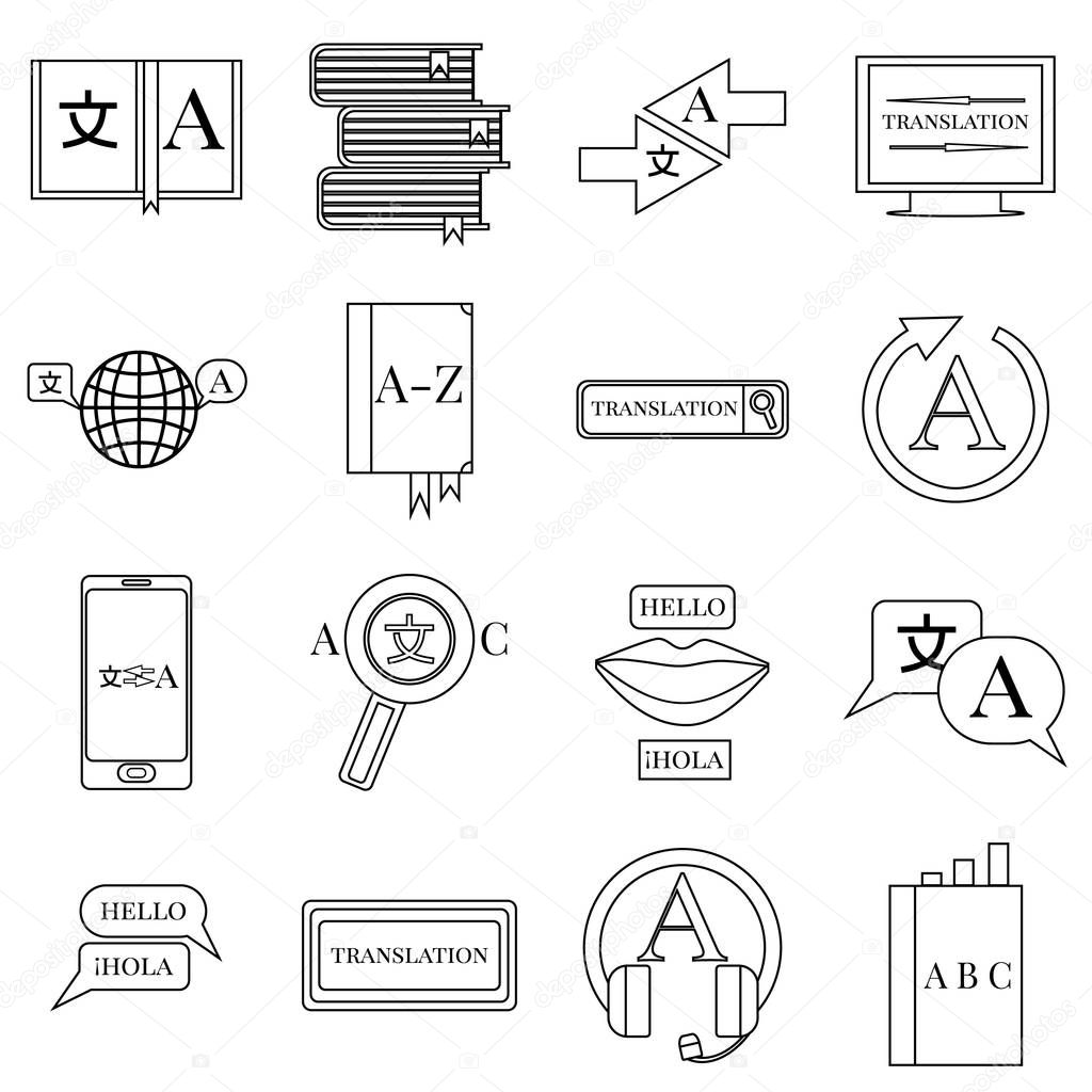 Translator profession icons set, outline style