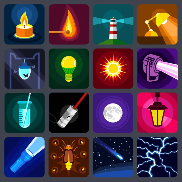 Conjunto de iconos de fuente de luz, estilo plano — Vector de stock