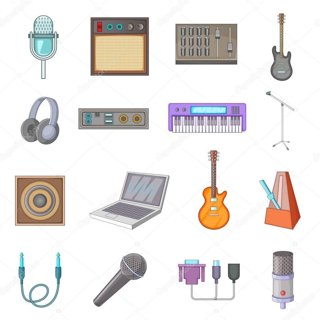 Recording studio icons set, cartoon style