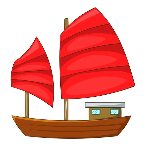 Junk boat with red sails icon, cartoon style — Stock Vector