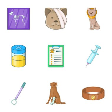 Evde beslenen hayvan hayvan hastalıklarıyla ilgili klinik Icons set, karikatür tarzı