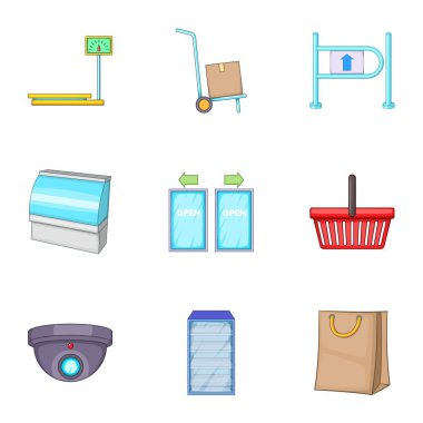 Perakende Mağaza Ekipmanları simgeler ayarla, tarzı çizgi film