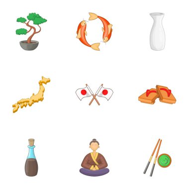 Icons set, karikatür tarzı Japonya Hoşgeldiniz