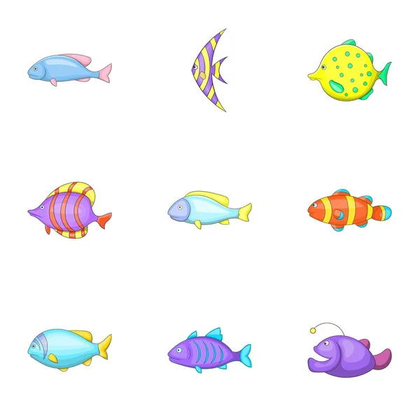 Espèces de poissons marins icônes ensemble, style dessin animé — Image vectorielle