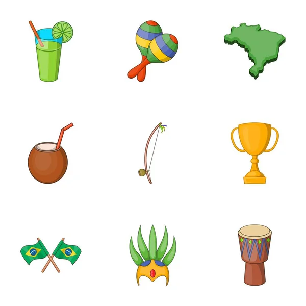 Símbolos do Brasil conjunto de ícones, estilo cartoon — Vetor de Stock