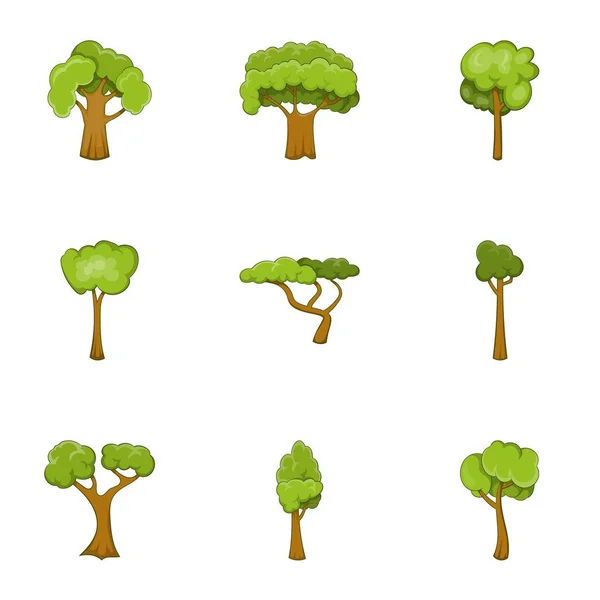 Gröna träd ikoner set, tecknad stil — Stock vektor