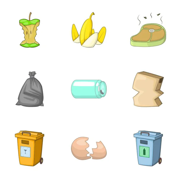 Set di icone dei rifiuti, stile cartone animato — Vettoriale Stock