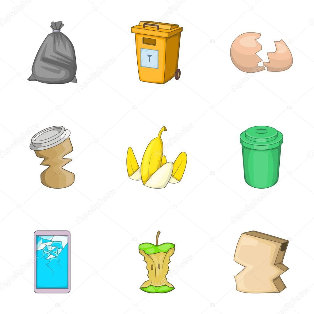 Garbage sorting concept icons set, cartoon style