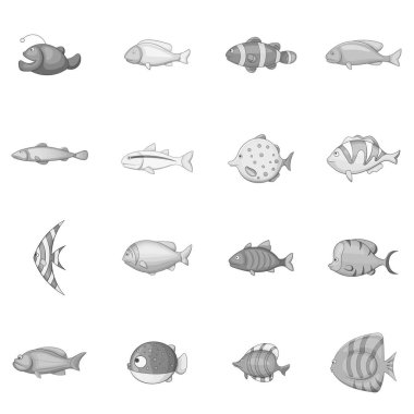 Balık farklı simgeler kümesi, tek renkli stil