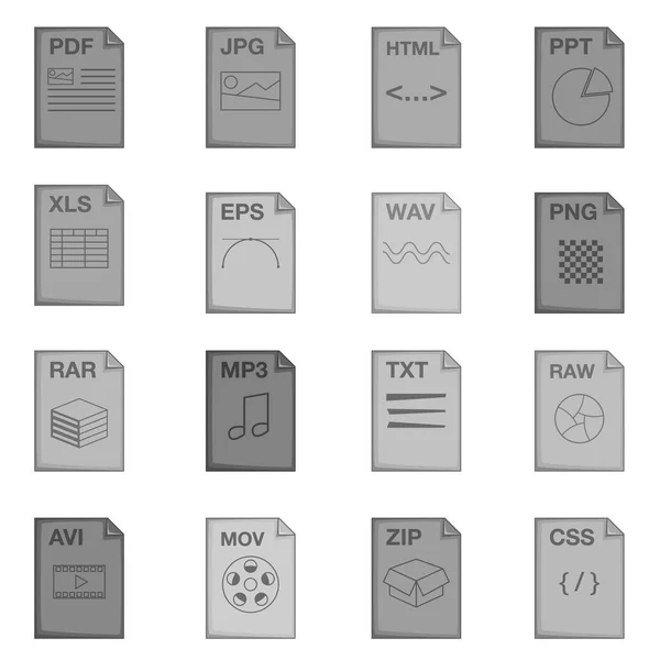 Set di icone dell'estensione del file, in stile monocromatico — Vettoriale Stock