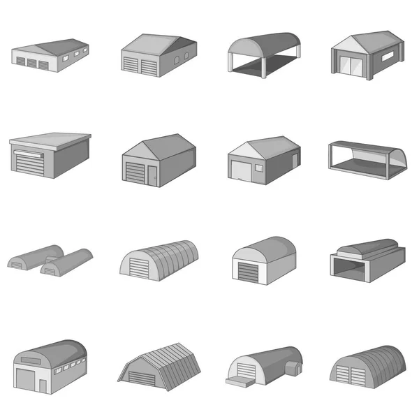 Set di icone hangar diversi, in stile monocromatico — Vettoriale Stock