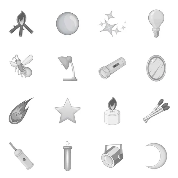 Sources of light icons set, monochrome style — Stock Vector