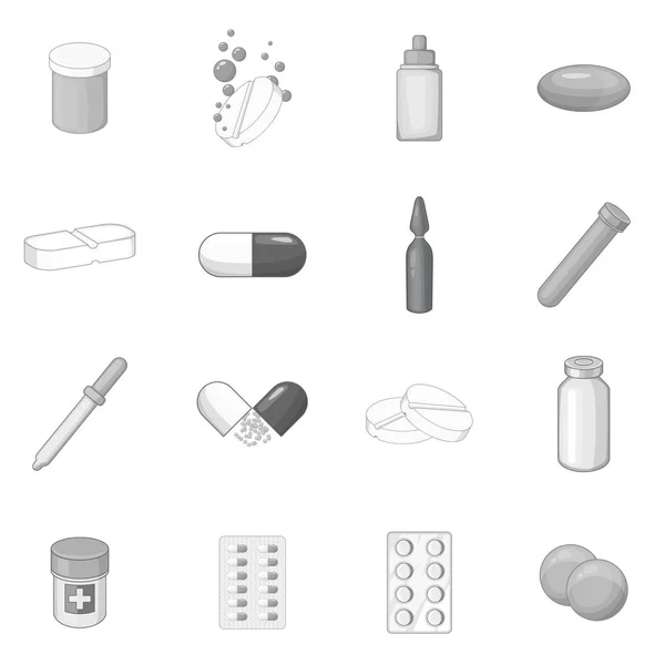 Medicina farmaci icone set, in stile monocromatico — Vettoriale Stock