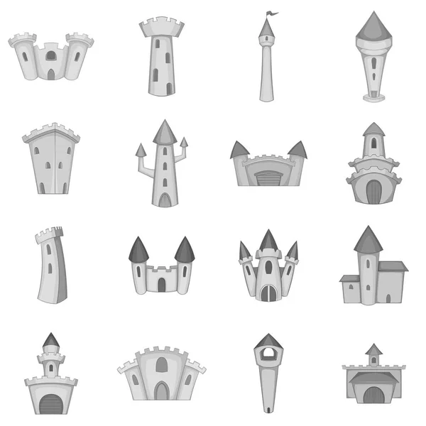 Conjunto de ícones da torre do castelo, estilo monocromático — Vetor de Stock