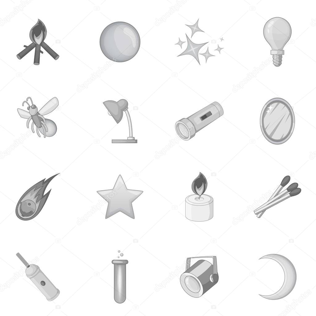 Sources of light icons set, monochrome style