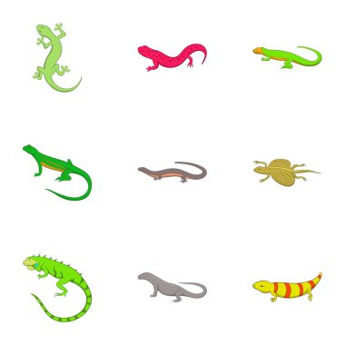 Amfibi sürüngen türler Icons set, karikatür tarzı