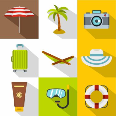 Plaj simge seti, düz stil