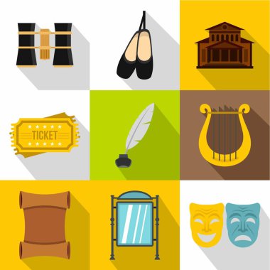 Tiyatro Icons set, düz stil eğlence