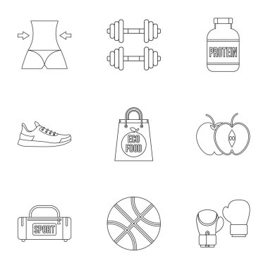 Spor salonu Icons set, anahat stili